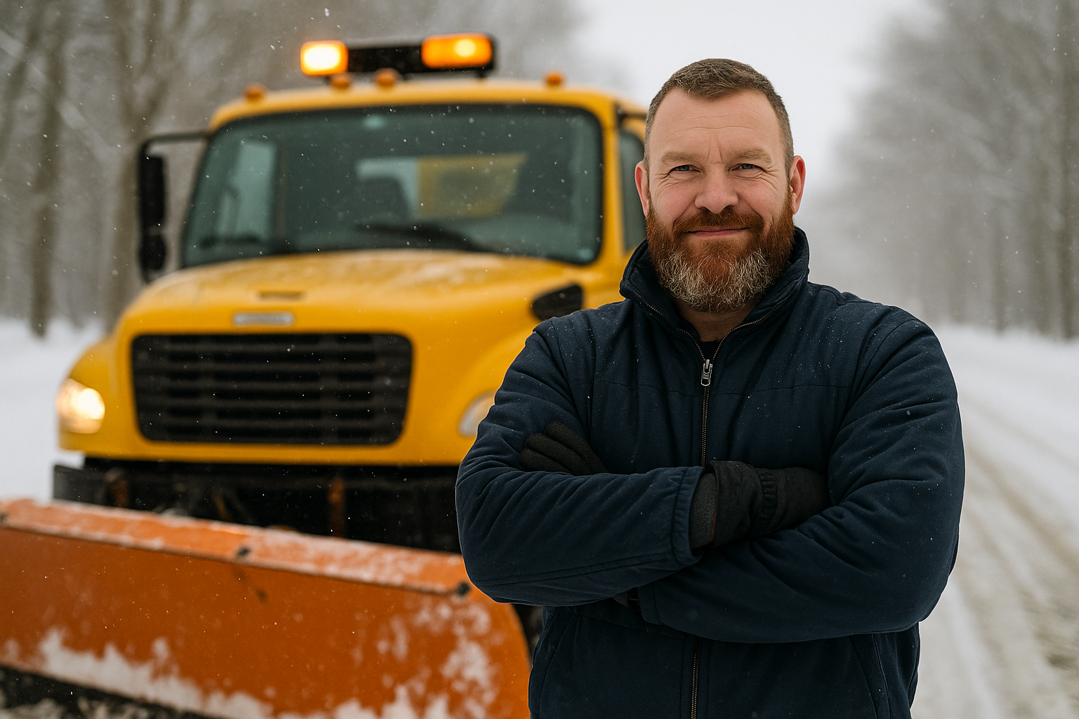 Snow removal professional standing confidently in front of a snow plow truck